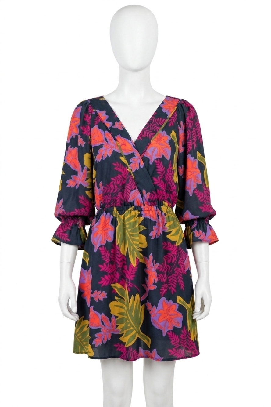 NEW EASEL printed wool peach woven surplus mini dress in jungle green
